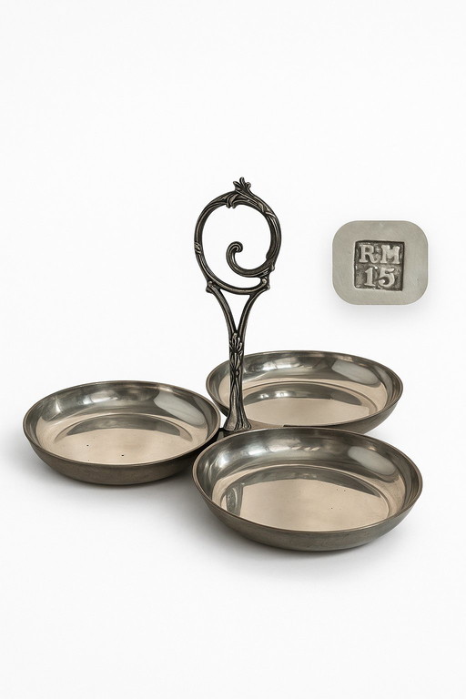 Silver-plated Art Nouveau triple dish tray Marked R*M 15
Silver-plated Art Nouveau triple dish tray – Marked R*M 15