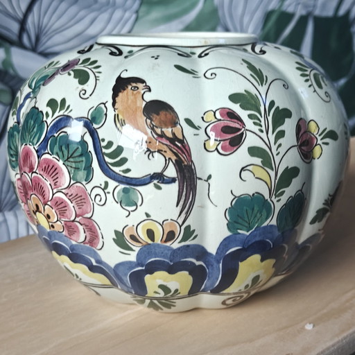 Original Vintage Delft Polychrome Vase - Avec Oiseau et Fleurs