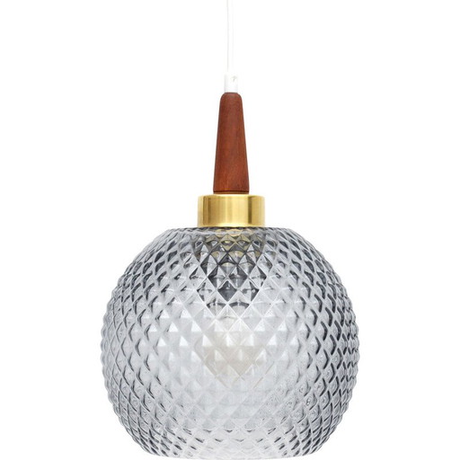 Lámpara colgante vintage de cristal gris y madera de teca, Dinamarca 1960