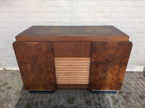 Image 1 of Exquisite 1940s Art Deco Burr Walnut Cabinet – Versatile Drinks/Media Unit
