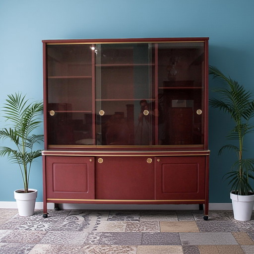 Dressoir of boekenkast met dubbele romp bekleed met bordeauxrood kunstleer van Umberto Mascagni, 1950