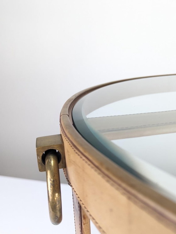 Image 1 of Jacques Adnet Style Brass And Stitched Leather Coffee Table