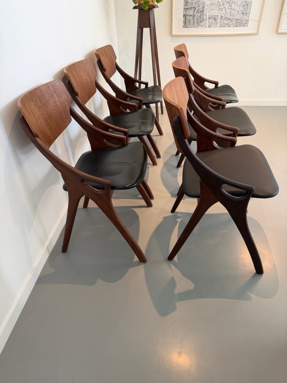 6× Arne Hovmand-Olsen Model 71 Dining chairs, Mogens Kold, Denmark 1959, Mogens Kold Møbelfabrik, Wood, Skai (photo 5 of 6)
