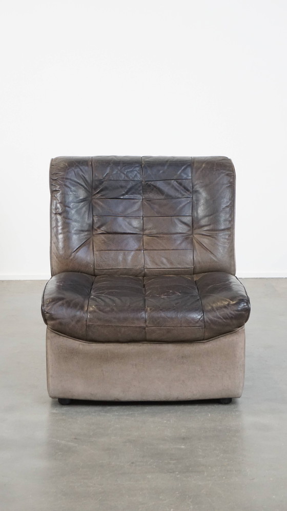Image 1 of Grijze Lederen Vintage Design Fauteuil