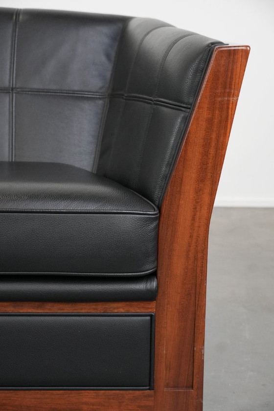 Image 1 of Art Deco Schuitema black leather 2.5-seater designer sofa from the Decoforma series with beautiful woodwork