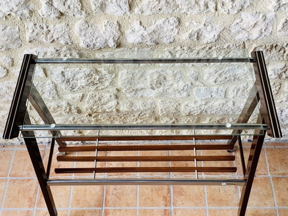 Image 1 of Vintage Glass and Brushed Metal Side Table on Wheels from Zuenelli, 1960s