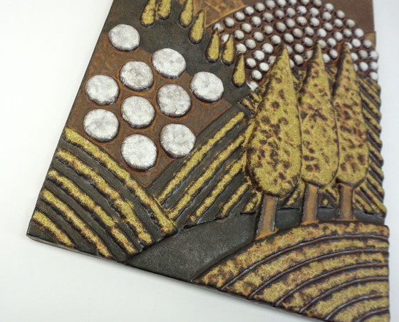 Image 1 of Majolika Karlsruhe - Gran panel de pared de cerámica con paisaje de cipreses, años 70, modelo n.º 7854, Dietmar Liedke