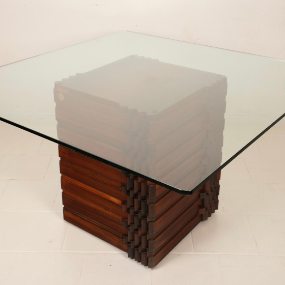 Table "Diamante" en padouk africain de style brutaliste par Luciano Frigerio avec plateau en verre, 1970 (photo 9 of 26)