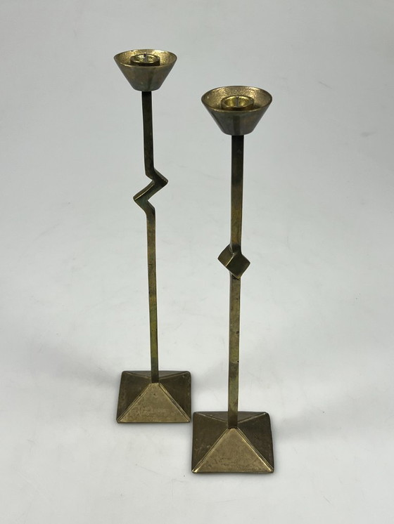 Image 1 of Vintage Zig Zag Candlesticks, Set of Two, Brass, Memphis Style, 1980s