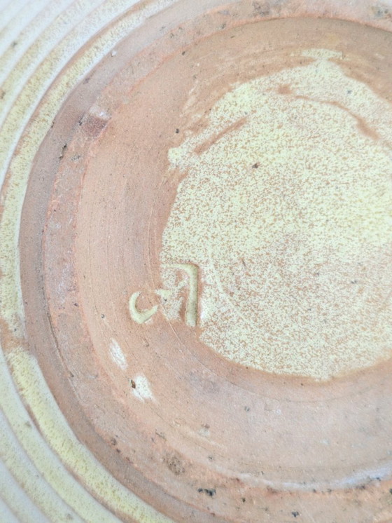 Image 1 of Vintage Studio Pottery Round Vase, Ribbed Golden Ochre Glaze, Artist Signed