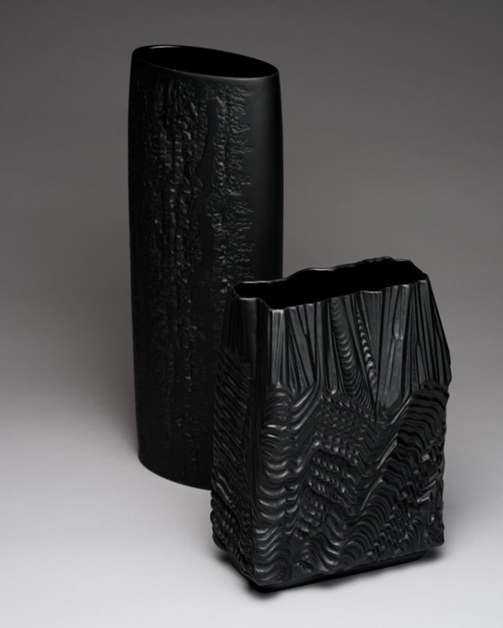 Image 1 of Zeldzame Martin Freyer Rosenthal Bisque Porcelaine Noire Vaas Duo Brutalist Op-Art