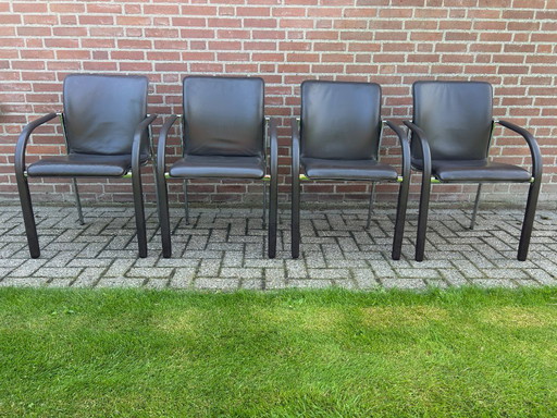 4x Leolux Cimaronne dining chairs dark brown leather.