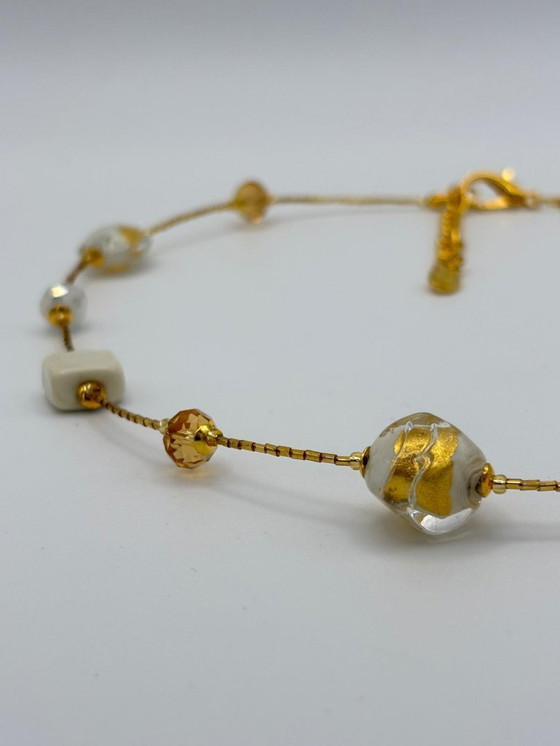 Image 1 of White Murano Glass Necklace with 24kt Gold Leaf – Venetian Artisan Jewelry