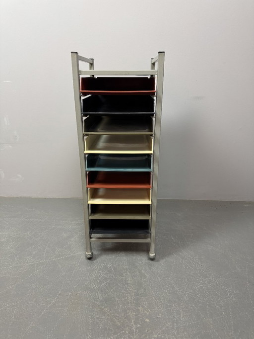 Mid-Century Industrial Gispen Modular Office Trolly with 9 Colorful Pull-Out Bins, The Netherlands 1960s-1970s.