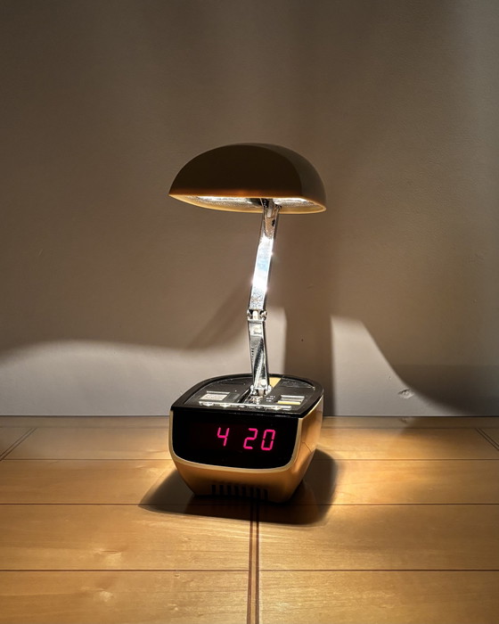 Image 1 of Lamp Table + Clock Vintage Clock - Lamp Zeitlicht Timco 1970s Bedside Lamp 70s Digital Alarm Clock Mid Century Modern Space Age