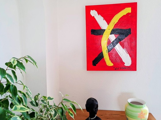Image 1 of Enzo SAN MARCO - Essential Colors on a Red Background - Artist's Painting