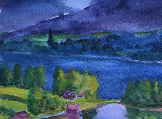 Original Watercolor Painting River Landscape Countryside Village Clouds Over Town – Paintings & Drawings (photo 4 of 7)