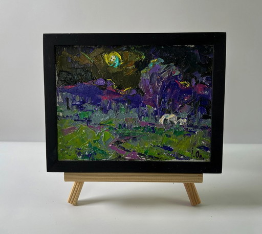 Original Oil Painting Summer Nature Landscape Bright Blue Night – schilderijen tekeningen, Canvas