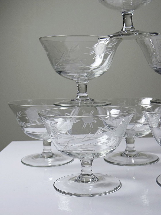 Image 1 of 8 Champagne coupes, wheel-engraved glass with vegetal decoration, Bohemia, early 20th century