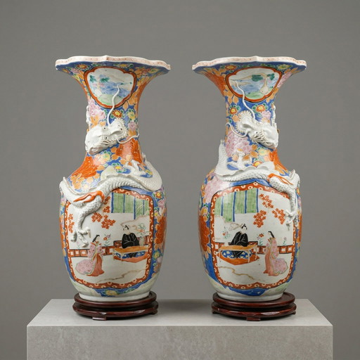 Japanese Hizen Shinpo porcelain maker's mark set of two vases 