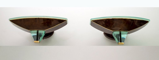 After Fontana Arte Pair of Modern Italian Glass and Brass Sconces, 1980s