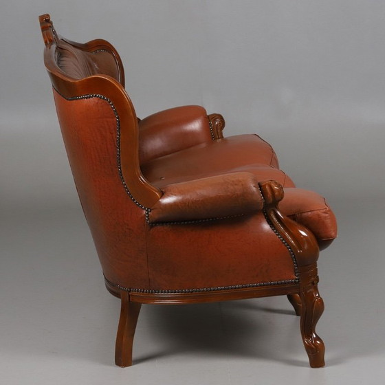 Image 1 of Rococo-Style 3-Seater Sofa — Leather & Wood — Classic Curved Salon Silhouette