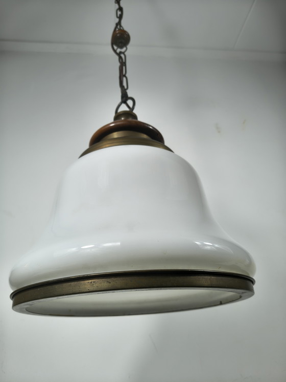 Image 1 of Vintage Scandinavian style pendant lamp – opaline glass & solid brass – Ø35 cm