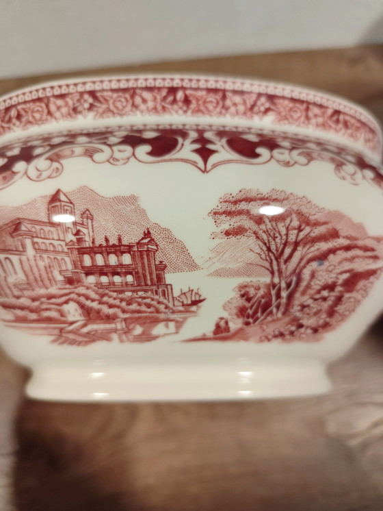 Image 1 of Antieke soepterrine, Old England, Cambridge Royal Swan / Engeland – Rood en wit – Vintage servies