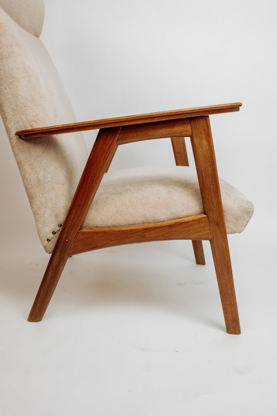 Image 1 of Fauteuil vintage en teck, années 1960 - Revêtement beige
