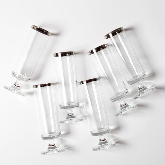 Image 1 of Set van 6 vintage Italiaanse heldere wijnglazen met zilveren rand, mid-century stijl / jaren 1950