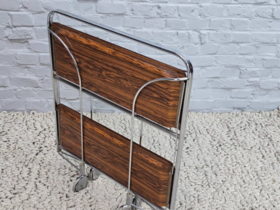 Image 1 of Vintage Design Foldable and Mobile Chrome Steel 2 Faux Wood Layers ‘Dinett’ Serving Trolley by Gerlinol, Germany, 1970s. 