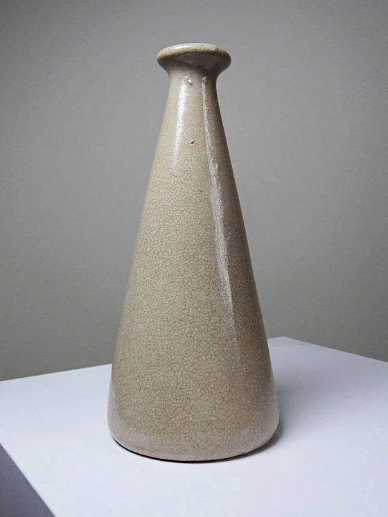 Art Deco konische Vase aus craqueliertem beigem Steingut, ca. . – Vasen, Porzellan (photo 6 of 11)