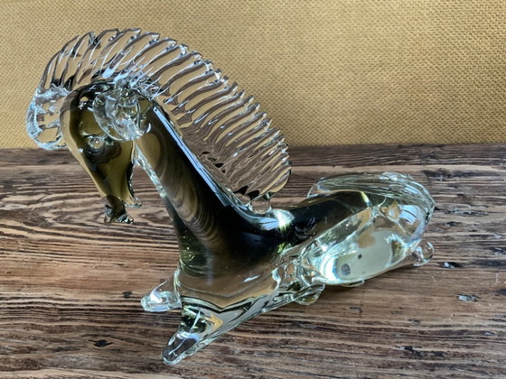 Image 1 of Murano glass reclining horse olive khaki