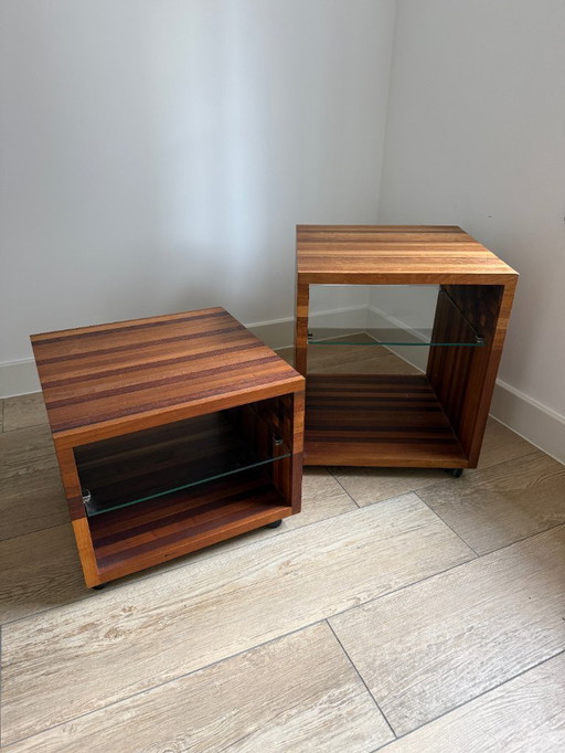 2x Leolux Vidar Masai wooden side tables with height differences