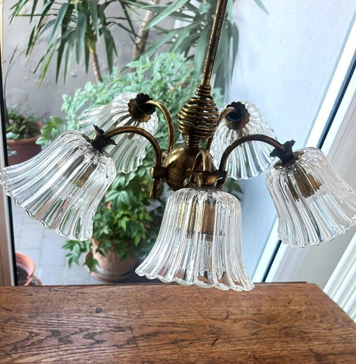 Lámpara de araña de 5 luces en cristal de Murano y latón