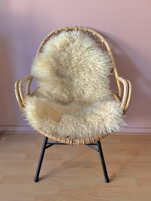 Chaise longue vintage en bambou rotin avec tabouret assorti Table Rohe Noordwolde Bamboo 1950