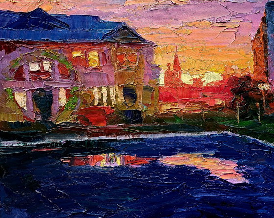 Original Oil Painting Evening Landscape City Orange Sunset – Paintings & Drawings, Canvas (photo 6 of 7)