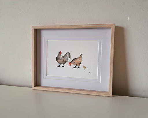 Aquarel schilderij kippengezin | In lijst