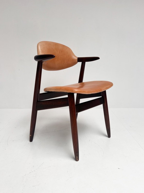 Image 1 of Poltrona in pelle color cognac a forma di corno di mucca, anni '70