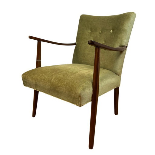 Deense vintage fauteuil – groen fluweel met houten armleuningen