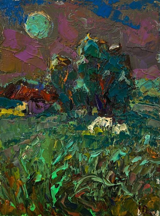 Original Oil Painting Summer Village Landscape The Moon Shines Over The Field – Paintings & Drawings, Canvas (photo 3 of 8)