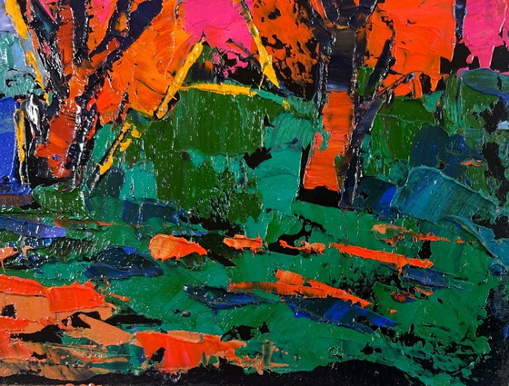 Image 1 of Original Oil Painting Sunset House Landscape When evening falls over the land