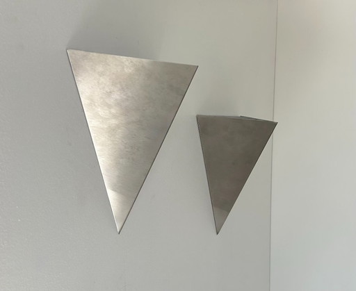 Pair of vintage sconces, brushed metal and sandblasted glass, France, 1970