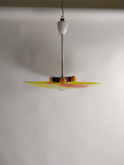 1 x ceiling light 1960s PL09 in yellow and red with textured glass strip. From former Czechoslovakia
