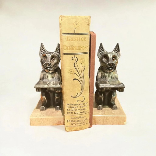Pair of Art Deco Silver-Pewter Bookends - Reading Scotch Terriers on Marble Bases, Compact Size.