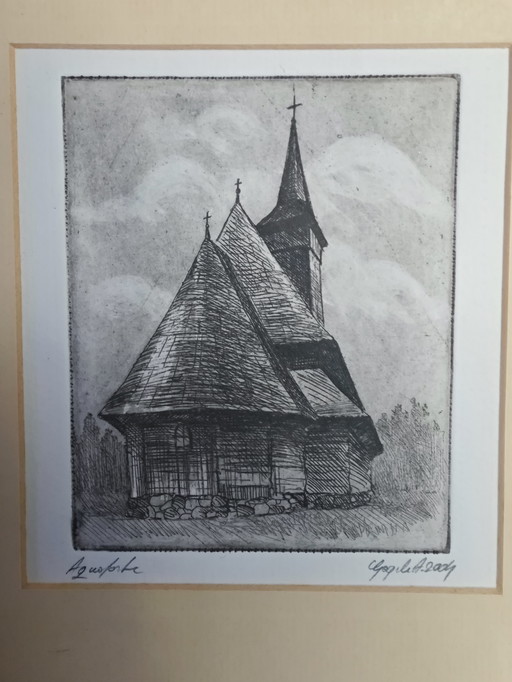 Church, signed etching