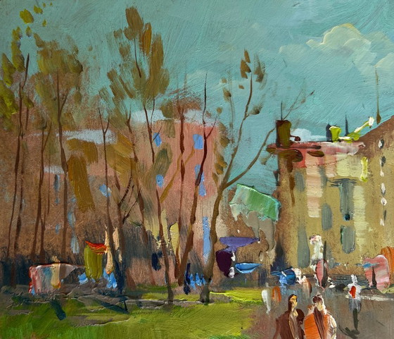 Image 1 of Origineel olieverfschilderij: Herfststadslandschap, gouden herfst in het park