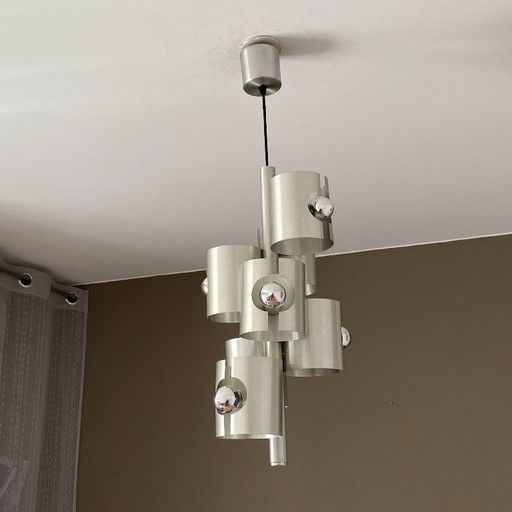 Lampada a sospensione Polam Bielsko. 1970. Era spaziale. Acciaio inossidabile spazzolato. – hanglampen, Metal (photo 2 of 6)