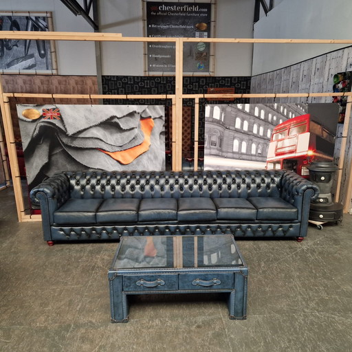 Chesterfield Brighton Antiek Blauw 6-Zits Bank Leer
