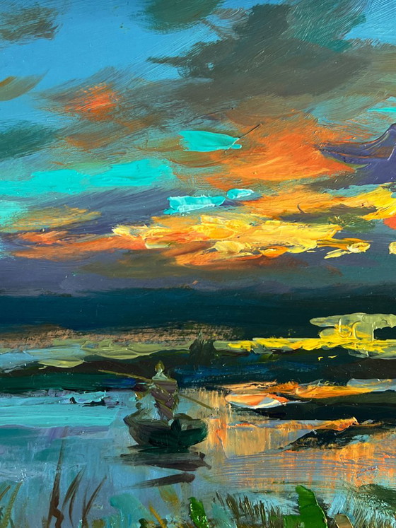 Impressionistisches Landschafts-Ölgemälde mit Boot und Sonnenuntergangsfischen, Gemälde & Zeichnungen, Holz (Foto 8 von 11)